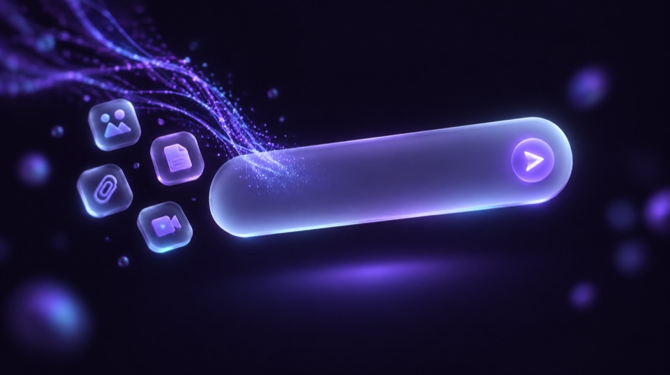 A floating frosted glass chat input bar with a glowing violet send button and translucent attachment chips on a dark violet background