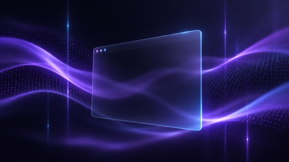 A dark glass panel floating in deep violet space with soft aurora light, dot grids and thin luminous beams behind it