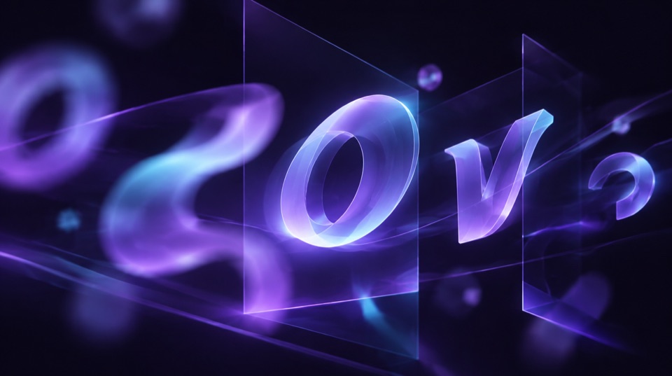 Glowing violet letterforms moving from blur into sharp focus across layered glass planes on a dark background