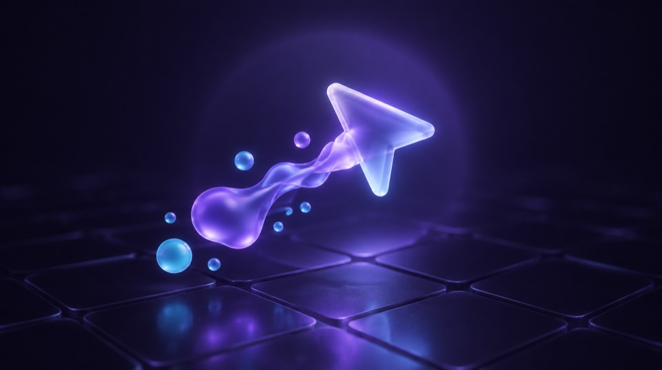 A frosted glass mouse pointer floating over dark glass tiles, leaving a glowing violet and cyan liquid trail