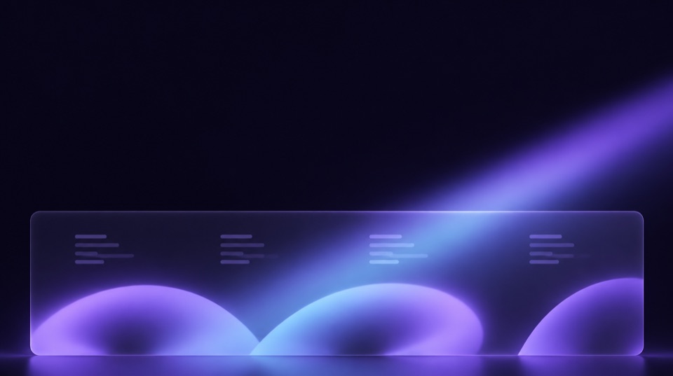 A frosted glass footer panel with a giant glowing wordmark cropped by the bottom edge, crossed by a diagonal beam of violet light on a dark background