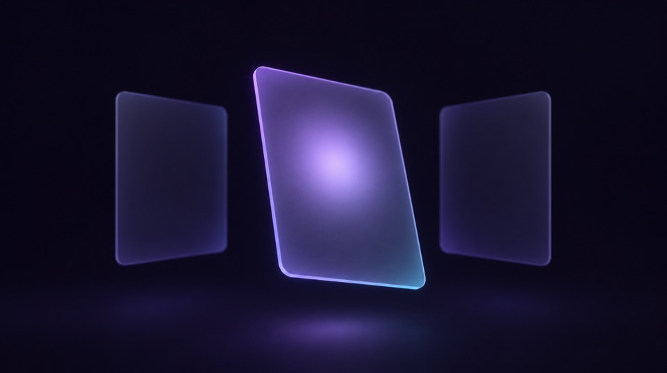Three frosted glass cards floating on a dark violet background, the middle one tilted toward the viewer with a soft spotlight on its surface
