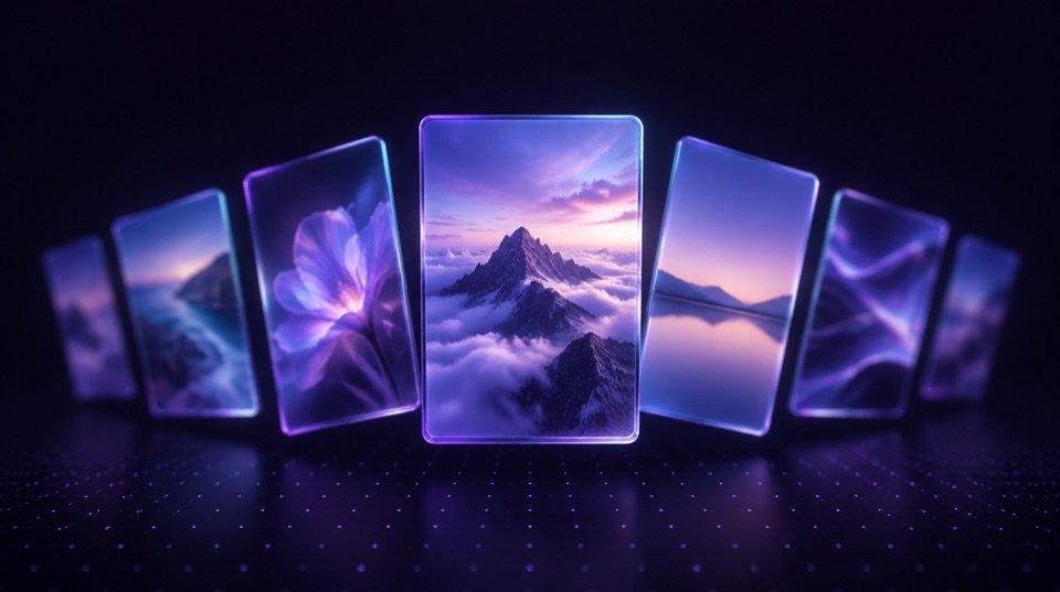A fanned arc of glowing glass photo cards floating in deep violet space, the center card sharp and the side cards tilted into soft focus