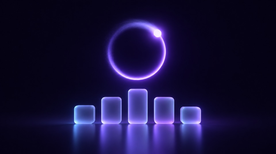 A glowing violet loading ring with a comet trail floating above a row of frosted glass blocks on a dark background
