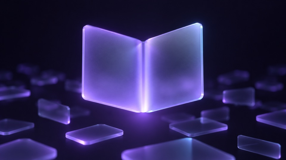 A frosted glass panel unfolding from its center above a dim field of smaller glass cards, lit in violet with a soft cyan rim