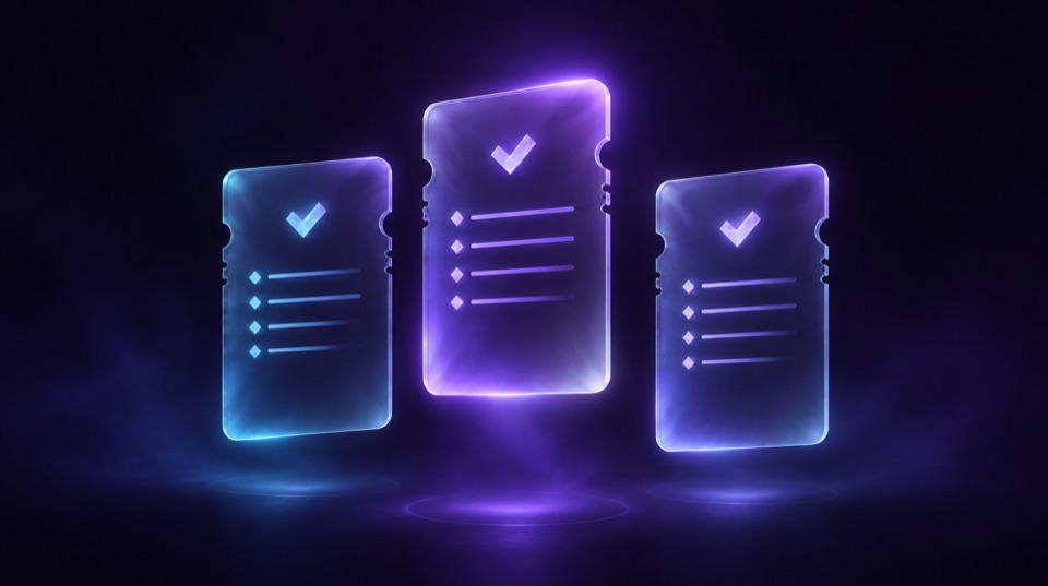 Three translucent glass cards floating on a dark violet background, the middle one raised and glowing