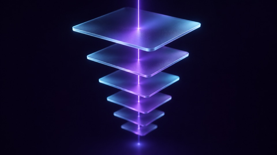 Floating frosted glass panels stacked in depth with a glowing violet line running down through them on a dark background