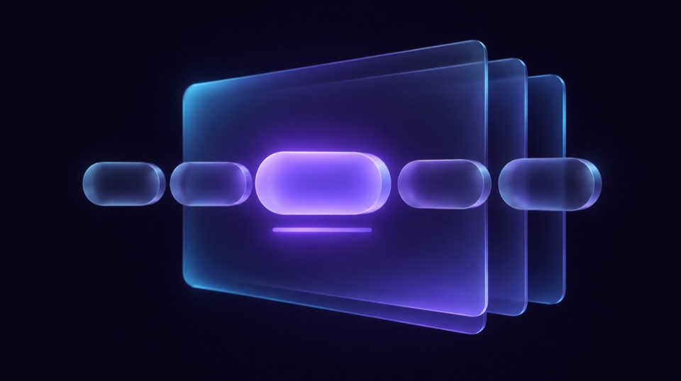 A row of frosted glass pills floating over a dark violet field, the middle one lit and expanded with a glowing line beneath it