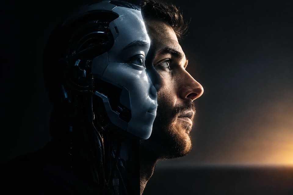 Split portrait of a human face and a humanoid robot face in profile, lit by a warm horizon